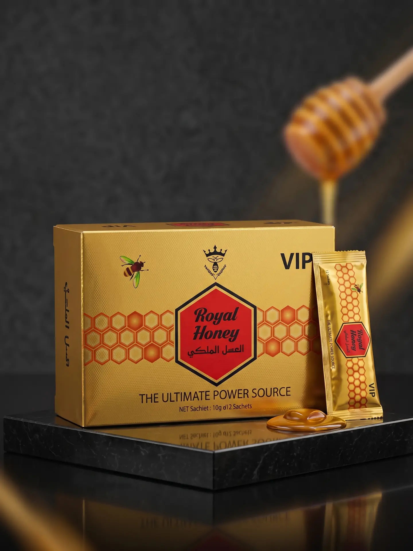 Gold Royal Honey VIP Box with 12 premium energy honey sachets on a black background