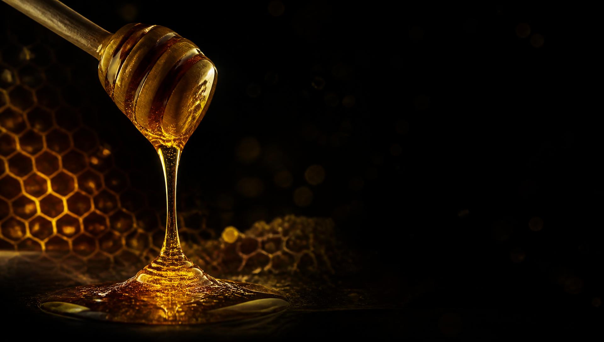 Golden Royal Honey dripping from a dipper over honeycomb on a black background